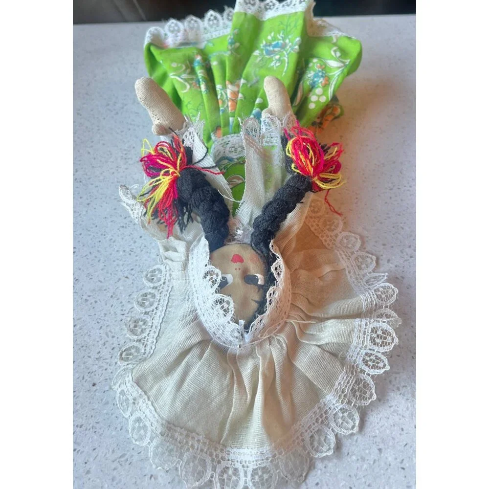 Handmade St. Thomas Folk Cloth Doll VTG In Traditional Green Dress With Veil